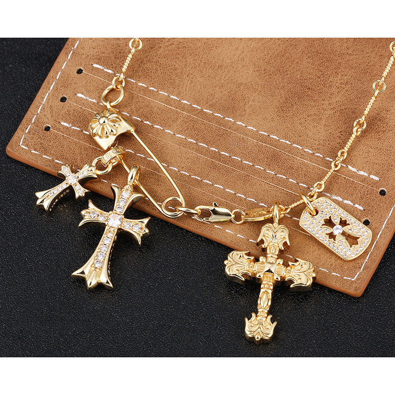 Chrome Hearts Gold Diamond-Inlaid Pin with Three Cross Pendants