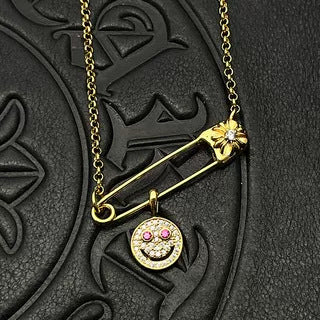 Chrome Hearts gold full diamond smiley face brooch necklace